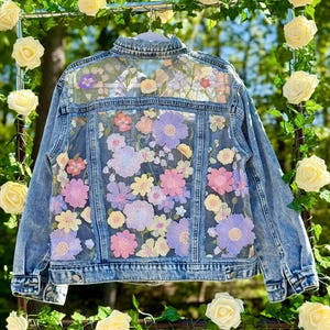 Floral Boho Denim Blue Jacket with Embroidered mesh,  Unique Lace Fashion jean gift for her, women modern outfit, gift for mom, custom gift