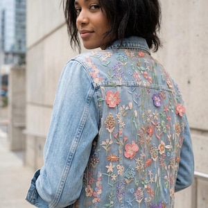 Boho Denim Jacket With Embroidered Floral Mesh, Jean Lace Fashion outfit