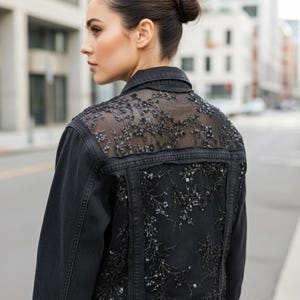 Black Denim Embroidered sequin Jacket with mesh Back for her, Custom Glam Fashion tracker, gift for Birthday for women or teen