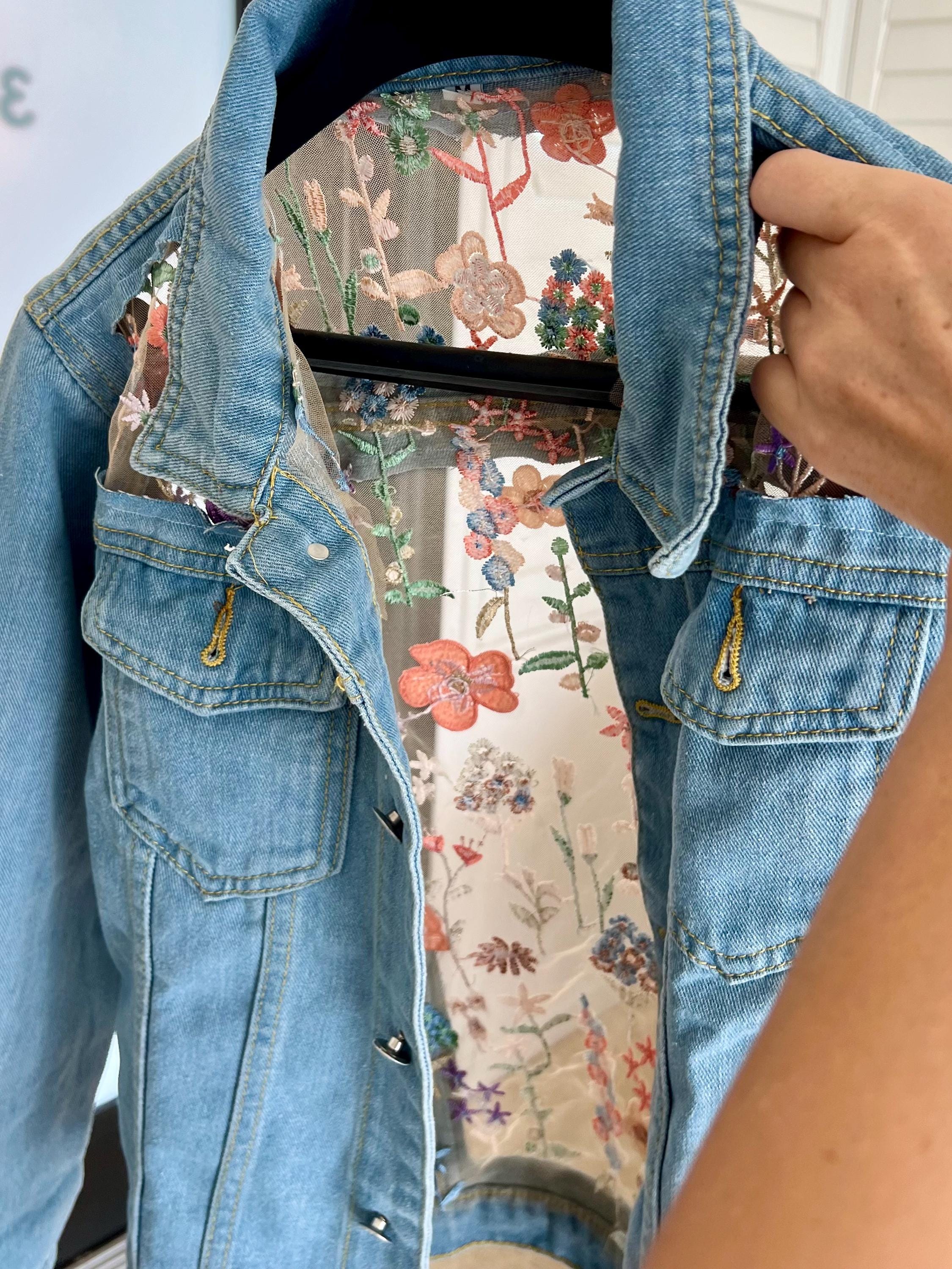 Denim Jacket: Floral Embroidered Lace Mesh, Boho Jean Outfit - Etsy