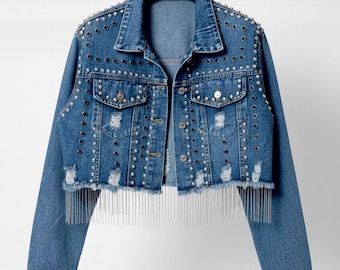 Blue Embellished Denim Jacket with Studs Rhinestones and Chains, Fringe Crop Jean Outfit