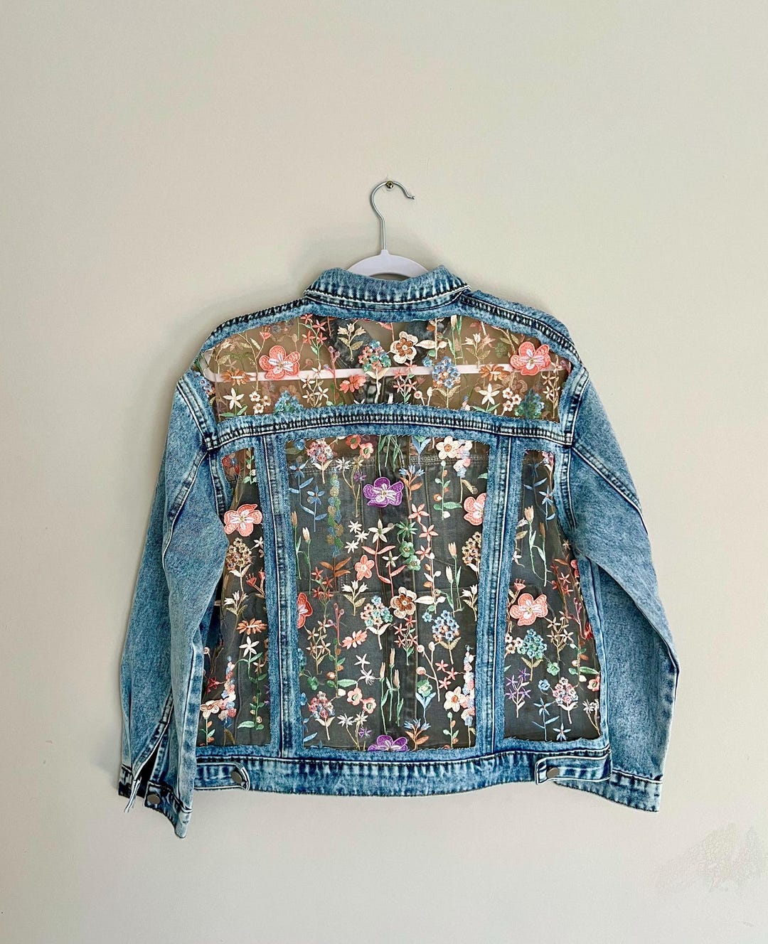 Oversized Blue Denim Jacket With Embroidery, Floral Lace Fashion