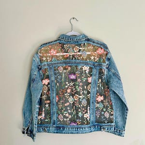 Oversized Blue Denim Jacket with Embroidery, Floral Lace Fashion jean outfit for women, gift for her birthday, women custom gift