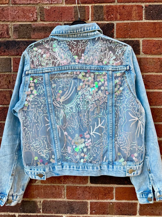 Embroidered Denim Jacket: Sequins Lace Outfit, Custom Women's Gift