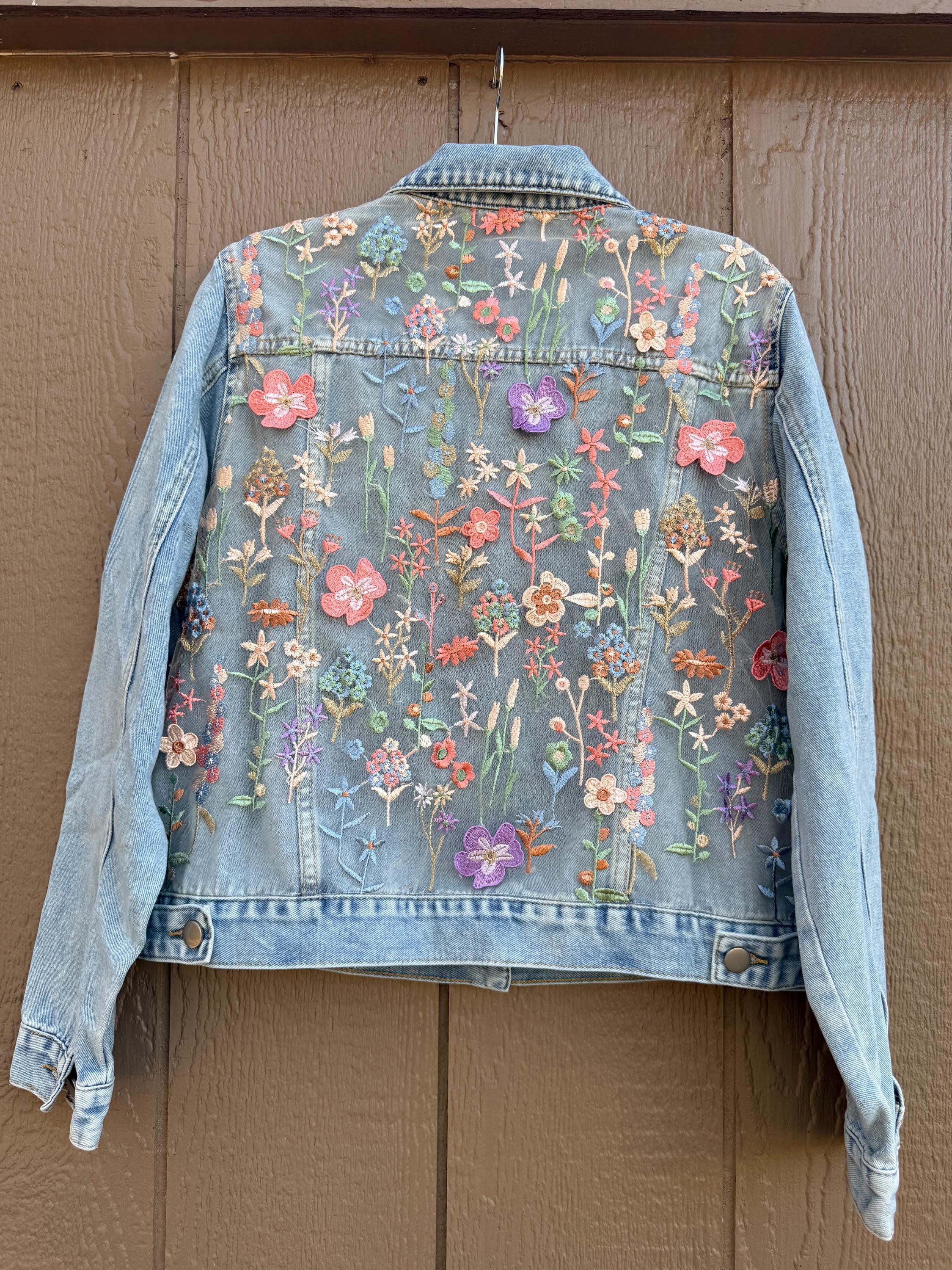 Boho Denim Jacket With Embroidered Floral Mesh, Jean Lace Fashion