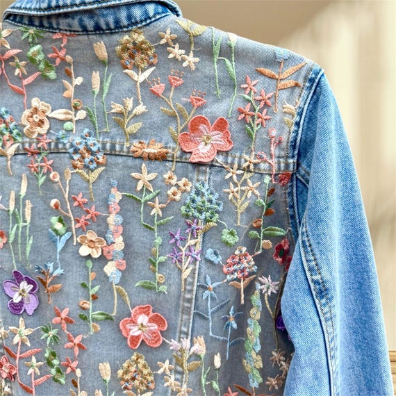 Embroidered Boho Denim Blue Jacket, Floral Jean Lace Outfit for