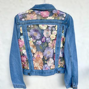 Blue Denim Jacket with Embroidered mesh, Boho unique Floral Lace Fashion Modern jean design outfit for women, gift for her