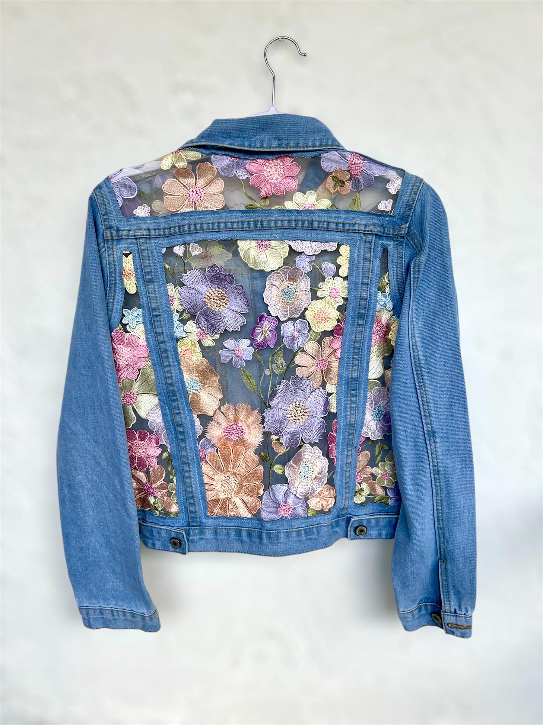 Blue Denim Jacket with Embroidered mesh, Boho unique Floral Lace Fashion Modern jean design outfit for women, gift for her