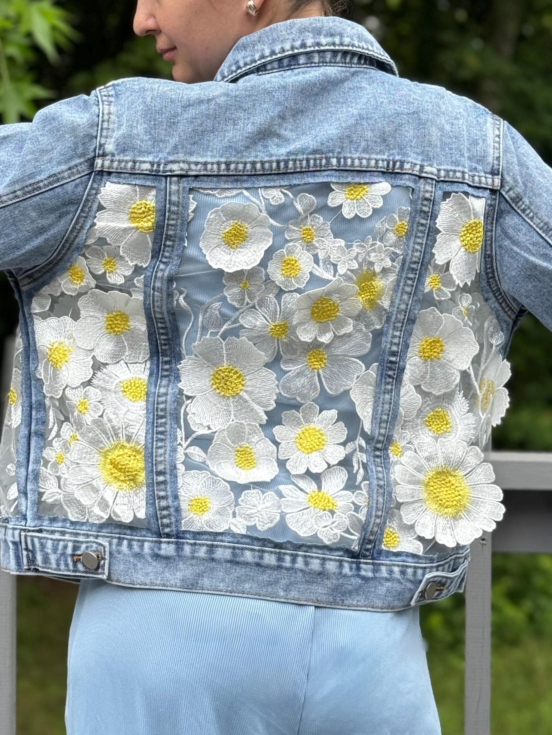 Embroidered Denim Jacket: Chamomile Floral Lace, Custom Women's