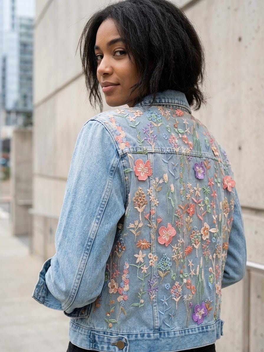 Boho Denim Jacket With Embroidered Floral Mesh, Jean Lace Fashion