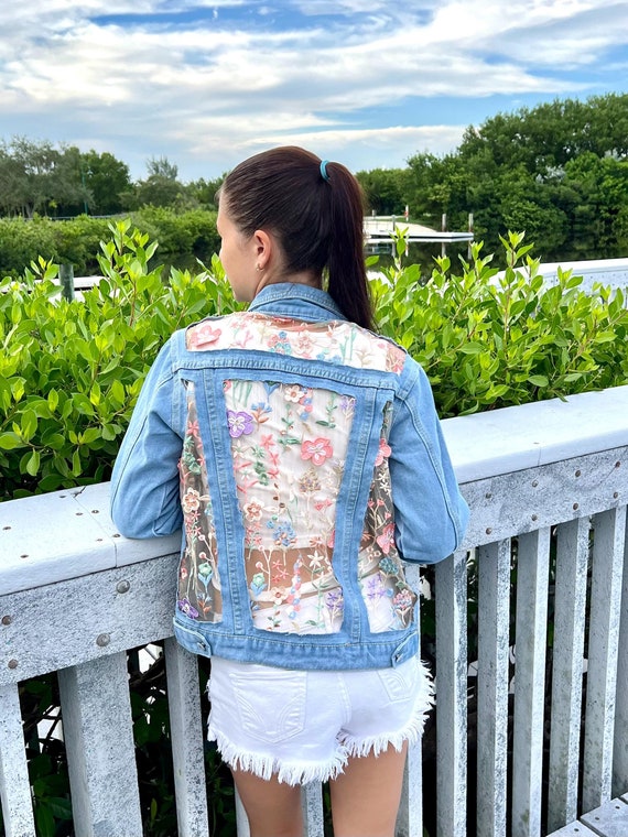 Denim Jacket: Floral Embroidered Lace Mesh, Boho Jean Outfit - Etsy