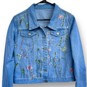 Denim Blue Jacket with Embroidered Floral mesh, Boho stylish design outfit for women, Christmas gift for her, gift for mom