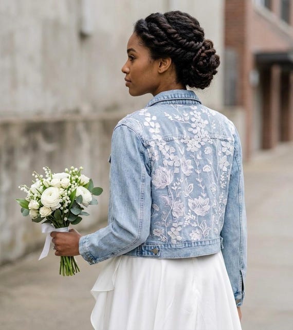 boho dress with denim jacket Floral Embroidered Sequin Jacket, Jean Light Wash Bridal Custom Coverup HS24 Enchanting Autumn Nashville Wedding Pricing:6 Sheets Labels Sleeveless Tiered Above the