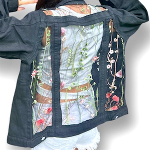 Denim Boho Black Jacket with floral Lace mesh Embroidered Back, custom Fashion Modern jacket gift for her