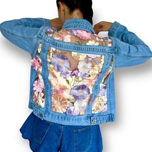 Denim Blue Jacket with Embroidered mesh, Boho unique Floral Lace Fashion jean gift for her, women modern outfit