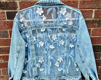 Light Blue Oversized Denim Jacket, Boho Floral Lace Fashion custom jean outfit for women, handmade gift for her, mommy gift , Mother&#39;s Day