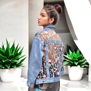Blue Denim Jacket with Floral Embroidery, Boho Mesh Lace Fashion jean summer outfit for women, gift for her birthday, women custom gift