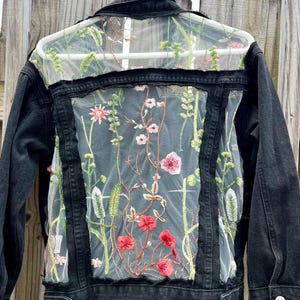 Boho Oversized Sheer Lace Embroidered Black Denim Jacket - Etsy Boho Oversized Sheer Lace Embroidered Black Denim Jacket - Etsy
