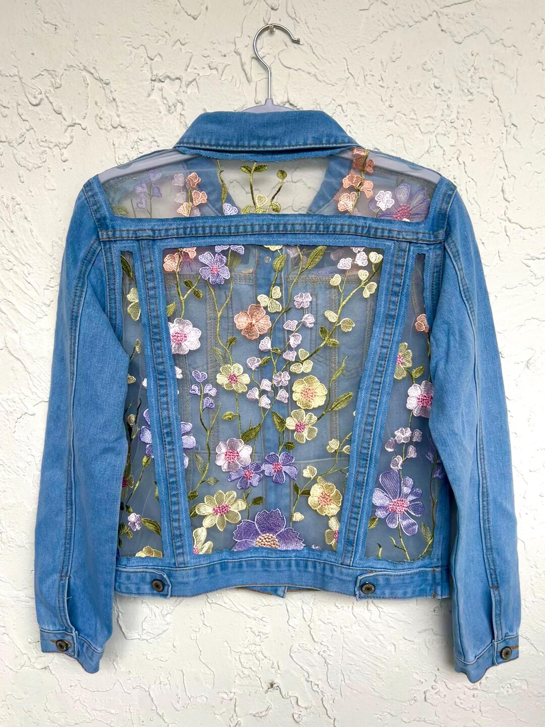Blue Denim Jacket With Flowers Embroidered on the Mesh, Floral