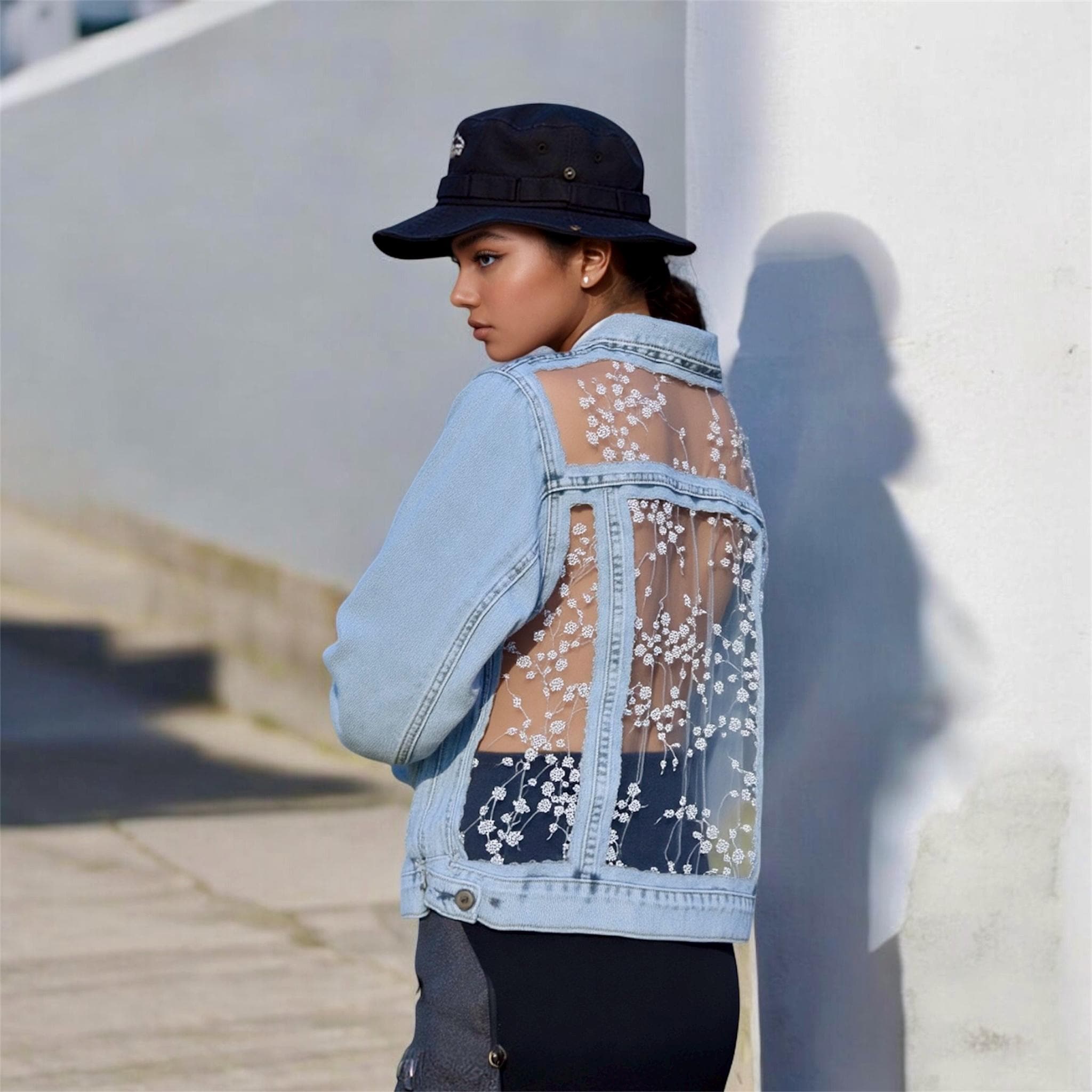 Light Wash Denim Jacket: Floral Embroidered Bridal Sequin Coverup