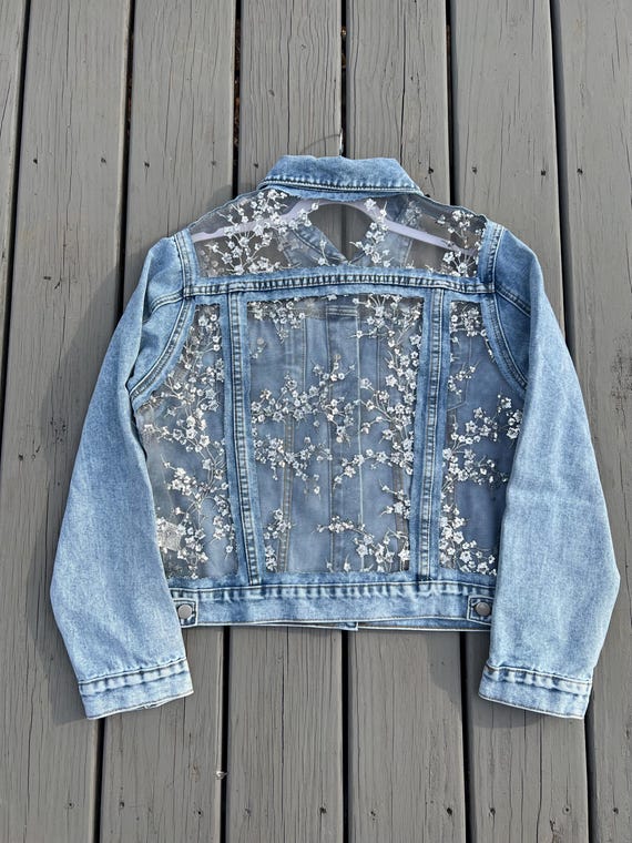 Floral Sequin Denim Jacket: Light Wash Boho Bridal Coverup - Etsy