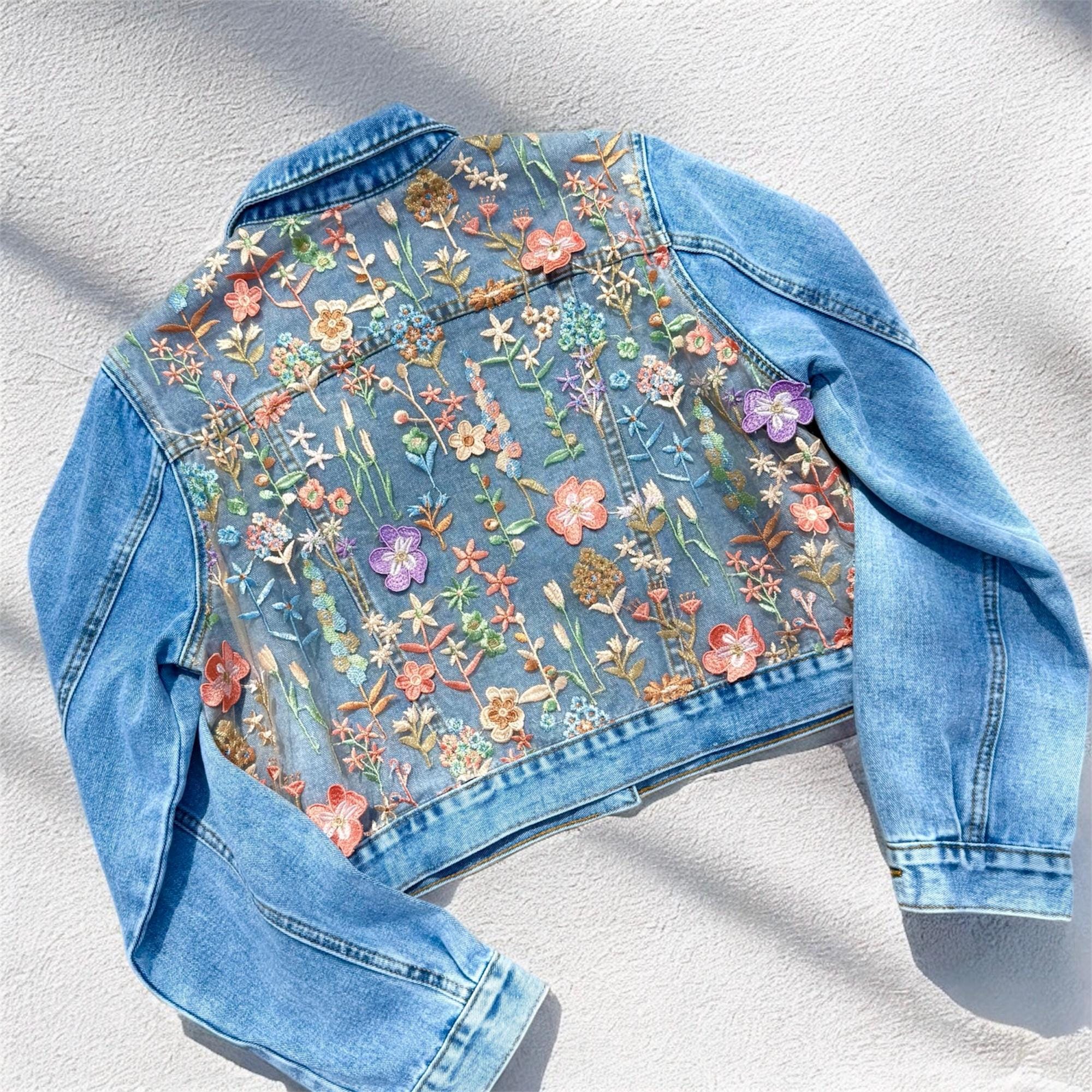 Embroidered Boho Denim Blue Jacket, Floral Jean Lace Outfit Embroidered Boho Denim Blue Jacket, Floral Jean Lace Outfit