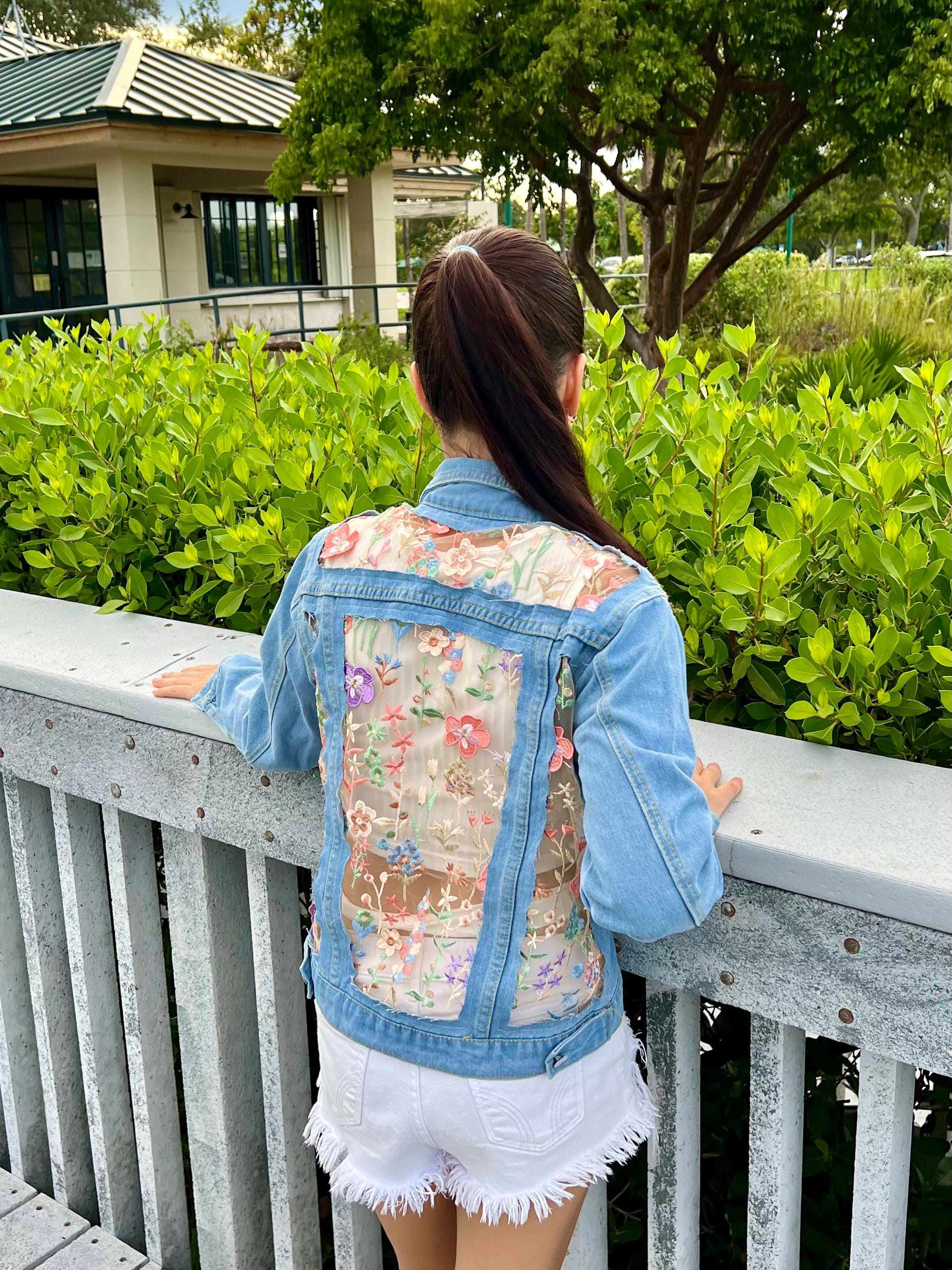 Denim Jacket: Floral Embroidered Lace Mesh, Boho Jean Outfit - Etsy
