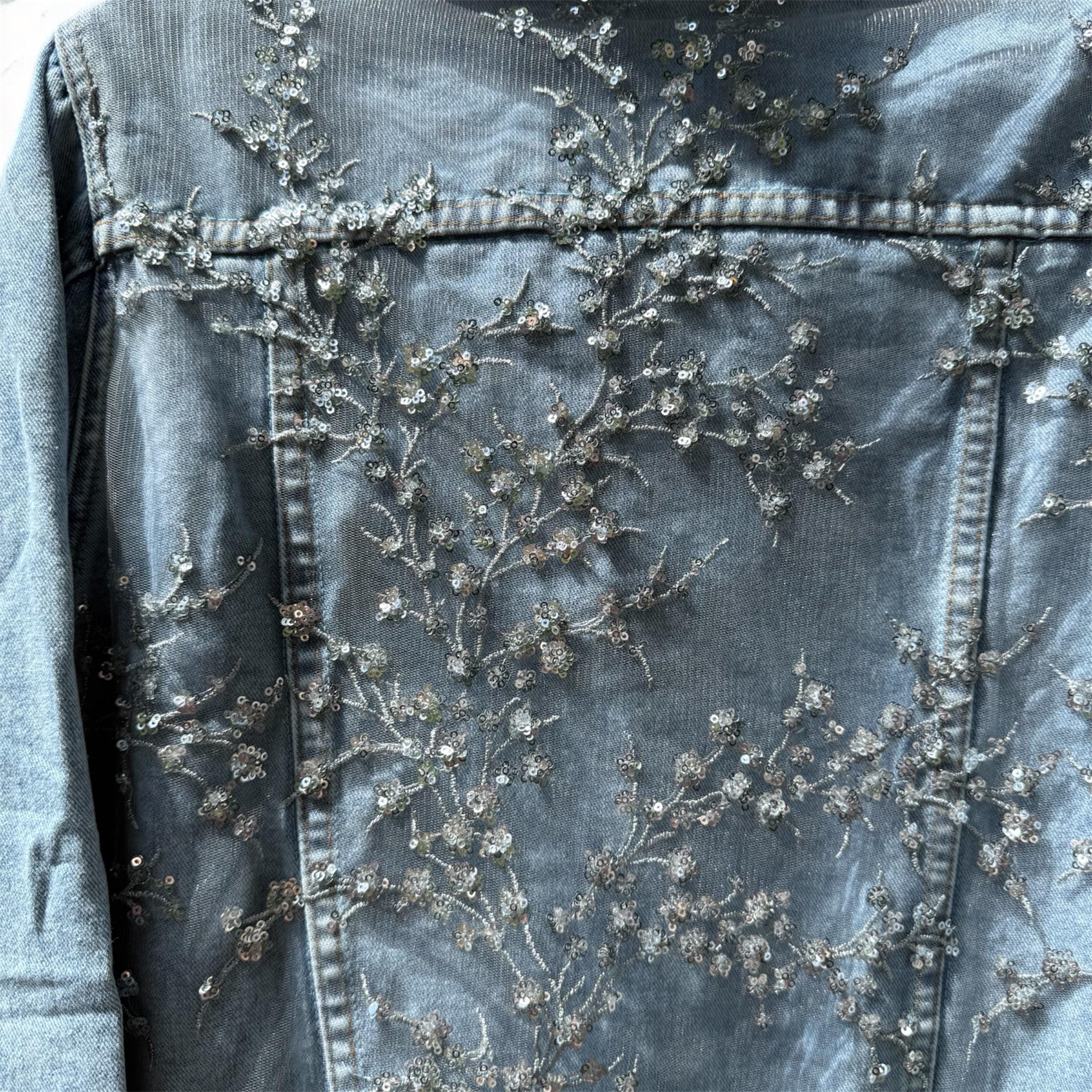 Light Wash Denim Jacket: Floral Embroidered Bridal Sequin Coverup