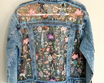 Oversized Blue Denim Jacket: Floral Embroidery, Lace Jean Outfit