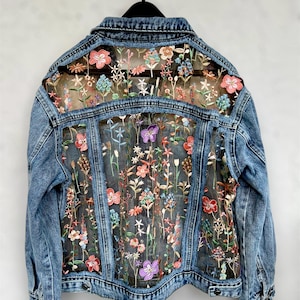 Boho Blue Light wash Denim Jacket with Embroidered mesh, Oversized Floral Lace Fashion Modern jean outfit for women, gift for her, mom gift
