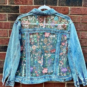 Denim Jacket light blue with Embroidered mesh, Oversized Boho Floral Lace Spring outfit, gift for her, mom gift, Summer vacation outfit
