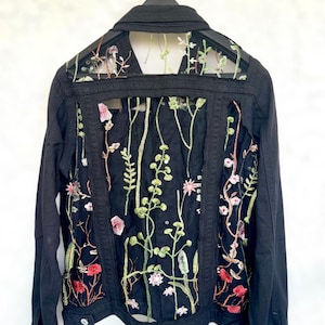 Denim Boho Black Jacket with floral Lace Embroidered Back, Unique Fashion jacket for women, birthday gift for her, mom gift, women gift
