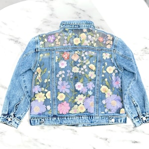 Blue Light wash Denim Jacket with Embroidered mesh, Oversized Boho Floral Lace Fashion wedding bridal  jean outfit for women, gift for her