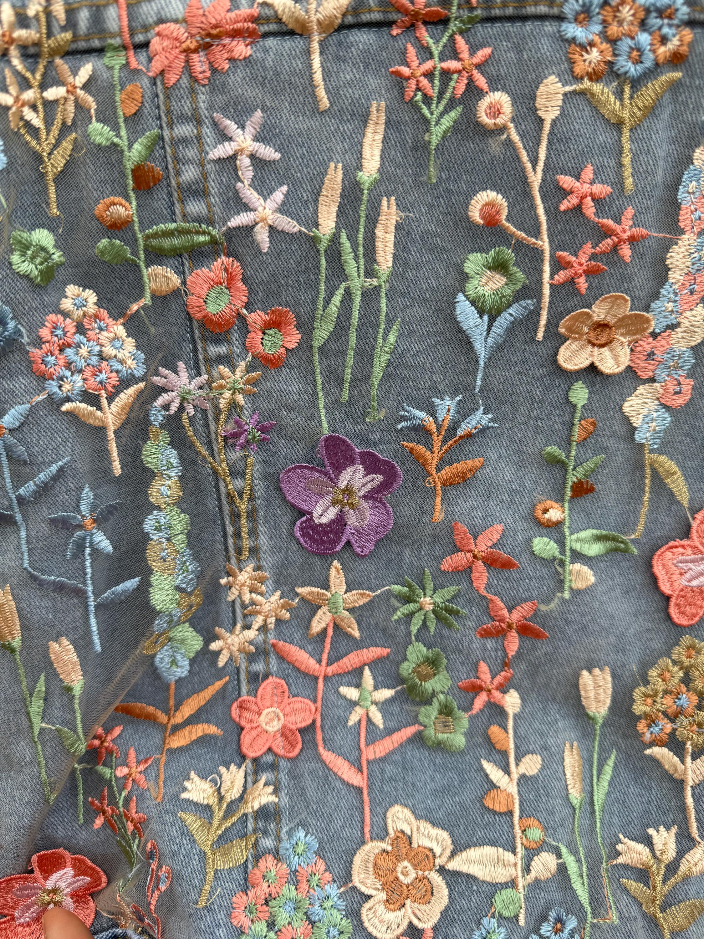 刺繍入りボヘミアンデニムブルージャケット、女性用花柄ジーンズレース 