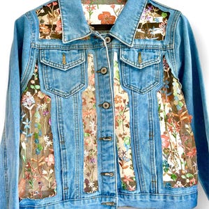Denim Blue Jacket with Embroidered mesh, Boho stylish Floral Design outfit, gift for her, women birthday gift, gift for mom