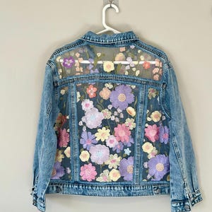 Oversized Blue Denim Jacket with Embroidery, Floral Lace Fashion jean outfit for women, gift for her birthday, women custom gift
