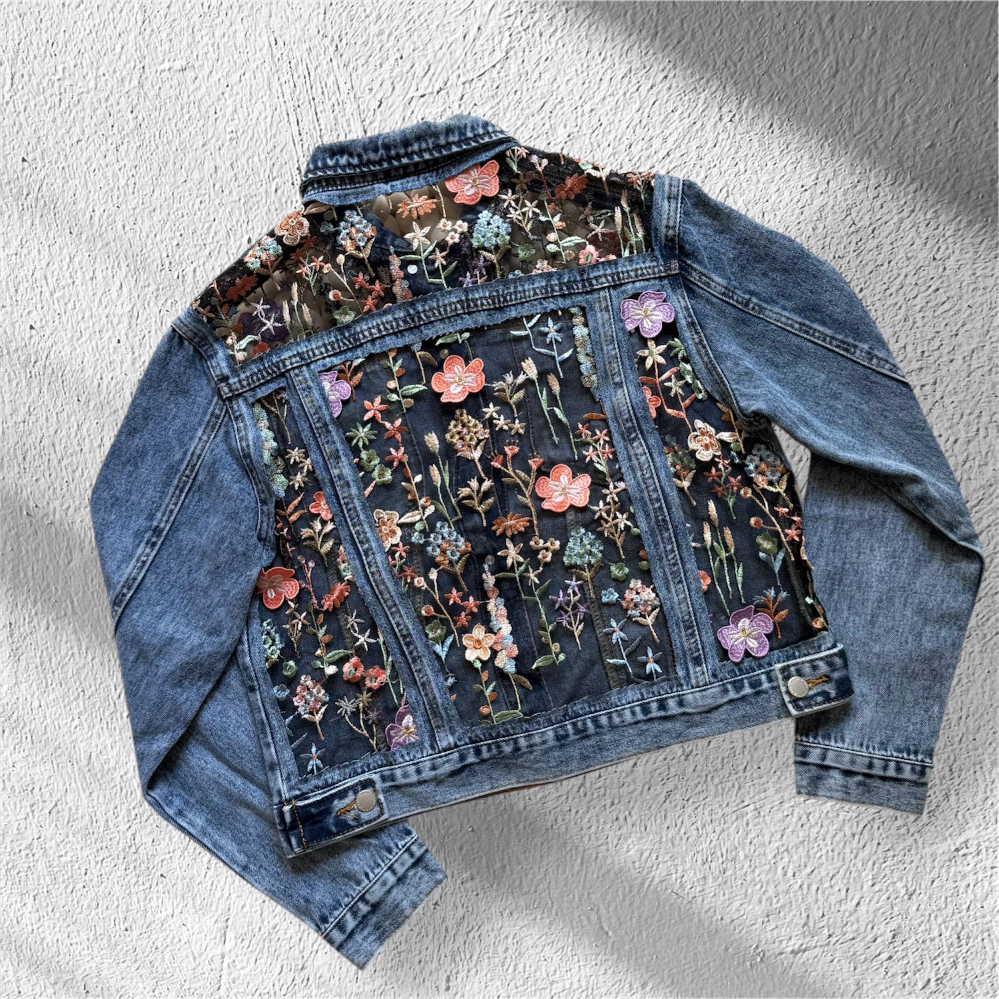 Boho Blue Denim Jacket With Embroidered Black Mesh