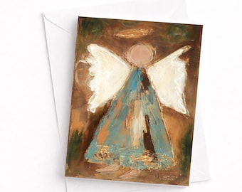 May include: A greeting card featuring an impressionistic painting of an angel with large white wings and a blue robe. The figure has a circular head, a golden halo above, and stands against a textured brown background with visible brushstrokes.
