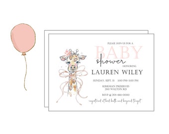 Baby shower invitation new baby girl shower party welcome announcement watercolor giraffe with bow