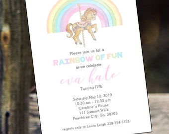 Rainbow Little Girl Carousel Horse Birthday Party invitation, custom designed watercolor custom horse party birthday celebration carousel