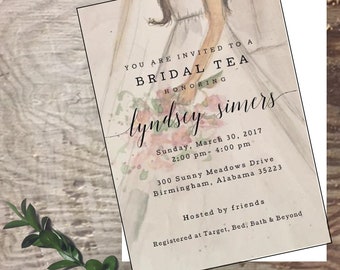 Bridal  tea bridesmaid luncheon invitation custom original watercolor wedding bridal party lunch invitation flowers