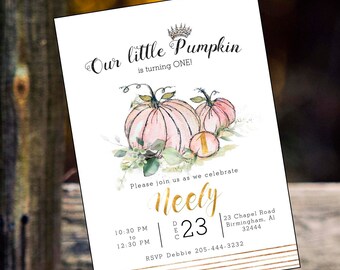 Fall pumpkin, Original painting, pink pumpkins, 1st birthday party invite, birthday invitation, first birthday celebration, pink and gold