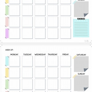Peut inclure: Un planificateur hebdomadaire blanc avec une grille pour chaque jour de la semaine. Comprend des post-it de différentes couleurs sur les côtés gauche et droit, étiquetés "Reminders". Le texte "Week of:" est en haut.