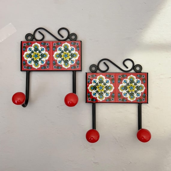 Metal and Ceramic Tile Wall Hook Set of – Vibrant Floral Key