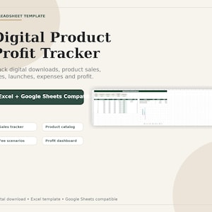 Può includere: Un modello di foglio di calcolo per il monitoraggio dei profitti di prodotti digitali con il testo Digital Product Profit Tracker, Excel + Google Sheets Compatible, Sales tracker, Product catalog, Fee scenarios e Profit dashboard, con una tabella.