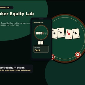Può includere: Uno smartphone che mostra l'interfaccia dell'app Poker Equity Lab, con le probabilità del Texas Hold'em e un consulente di mossa. Lo schermo mostra un tavolo verde con carte, tra cui un asso di picche, un re di picche, una regina di cuori e una regina di fiori.