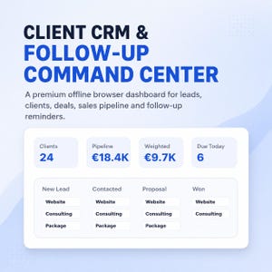 Könnte beinhalten: Ein digitales Dashboard mit dem Titel CLIENT CRM & FOLLOW-UP COMMAND CENTER. Es zeigt Kennzahlen für 24 Kunden, eine Pipeline von 18,4 T€, einen gewichteten Wert von 9,7 T€ und 6 heute fällige Aufgaben. Die Oberfläche unterteilt Leads in verschiedene Kategorien.
