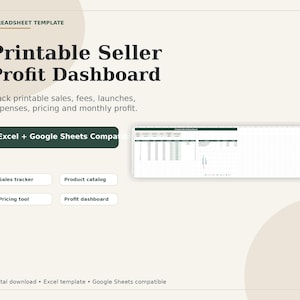 Può includere: Un modello di foglio di calcolo digitale intitolato Printable Seller Profit Dashboard. Include testo per tracciare vendite, commissioni, lanci, spese e prezzi. Compatibile con Excel e Google Sheets, include un tracker delle vendite, catalogo prodotti, strumento di pricing e dashboard dei profitti.