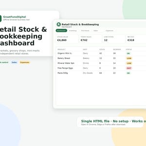 Può includere: Un'interfaccia dashboard digitale per la gestione delle scorte e la contabilità al dettaglio. Lo schermo mostra un riepilogo del valore delle scorte, delle vendite e delle spese, con una tabella dettagliata dell'inventario dei prodotti.