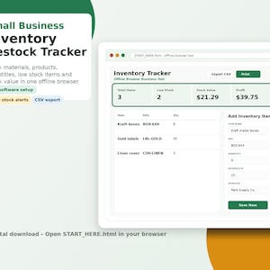 Può includere: Uno strumento digitale di tracciamento dell'inventario per piccole imprese visualizzato in una finestra del browser. L'interfaccia presenta sezioni per il totale degli articoli, scorte basse, valore dello stock e profitto, con campi per aggiungere articoli.